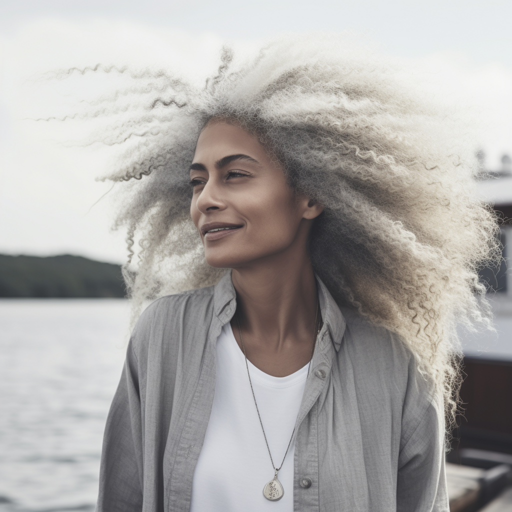 beautiful white woman with long silver afro