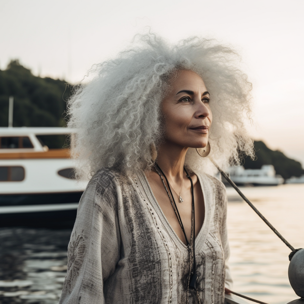 beautiful white woman with long silver afro