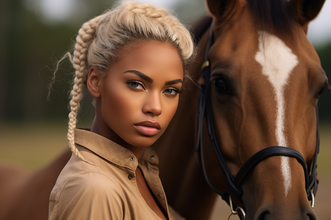 black african american equestrian loving on her horse