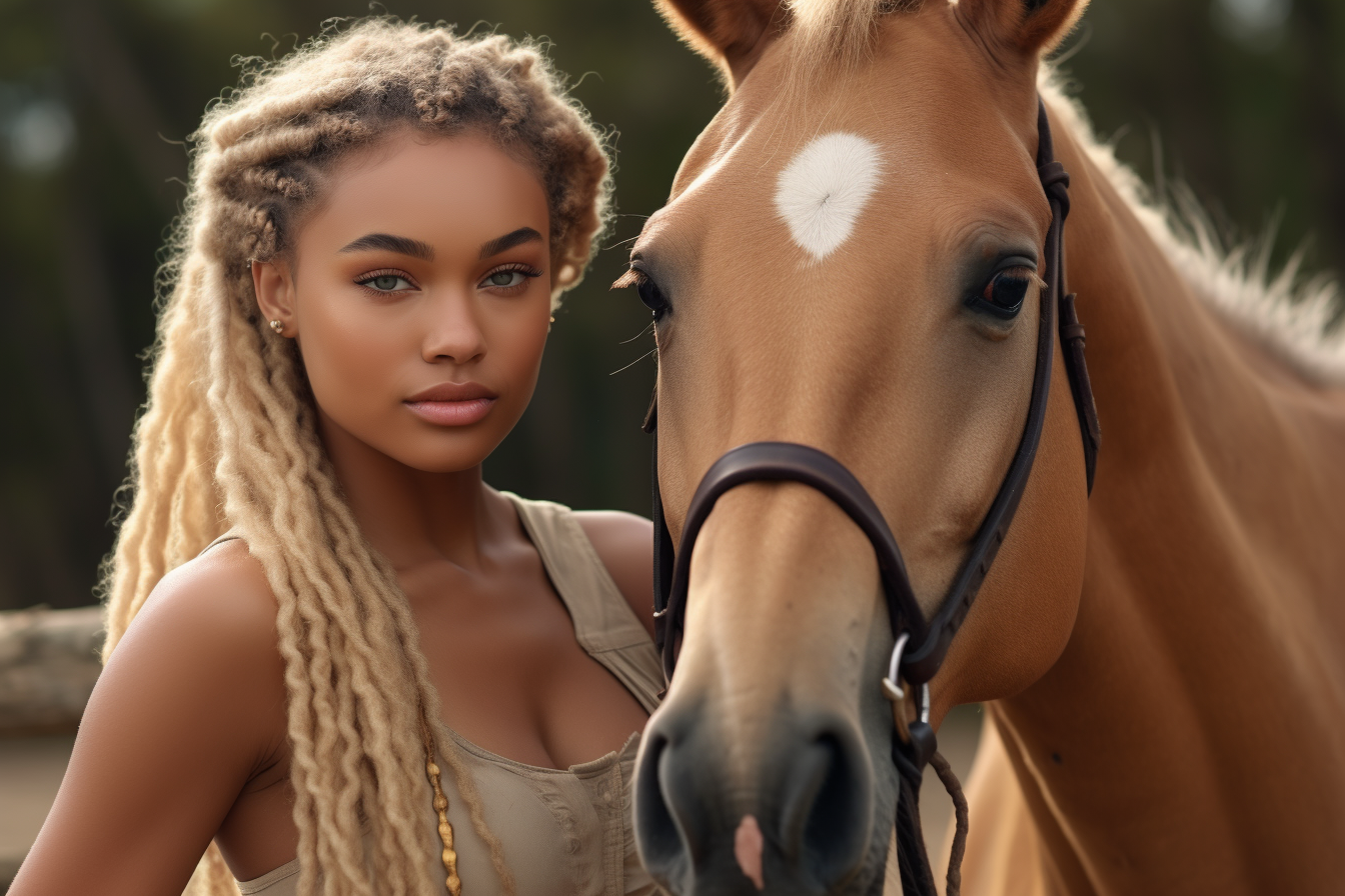 black african american equestrian loving on her horse