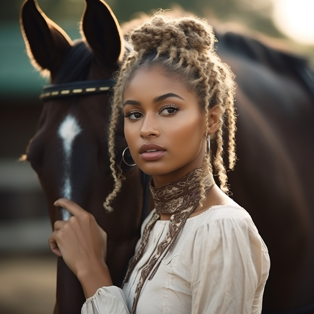 black african american equestrian loving on her horse