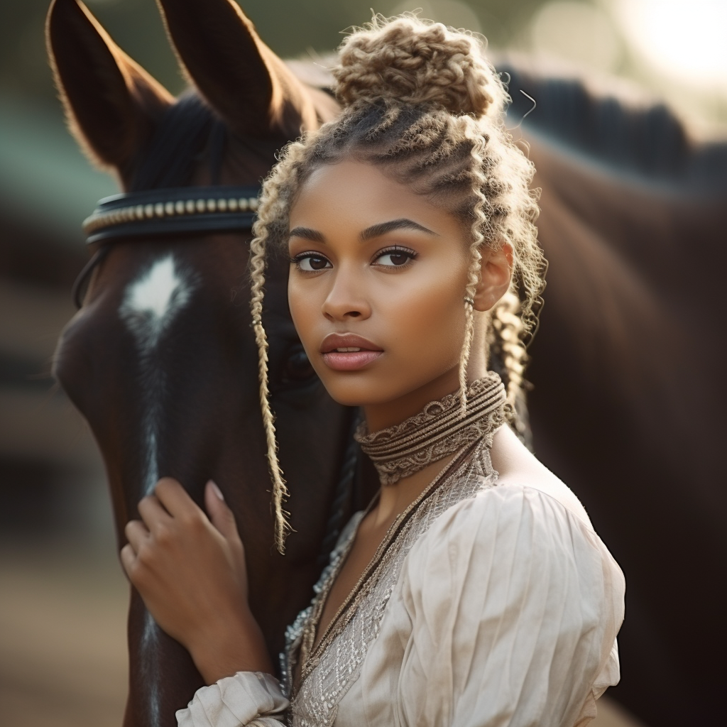 black african american equestrian loving on her horse
