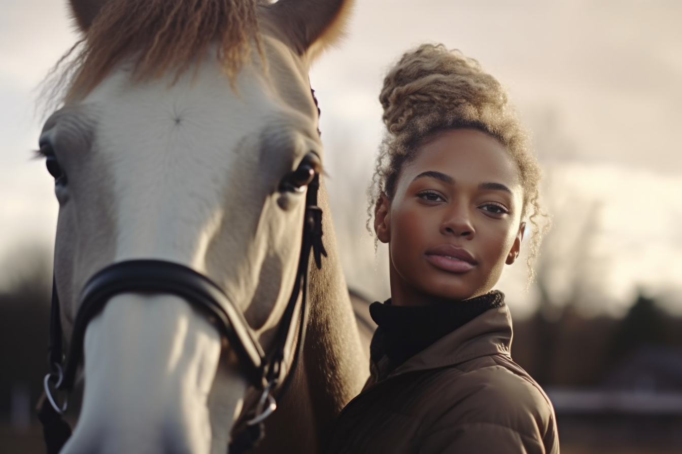 black african american equestrian loving on her horse