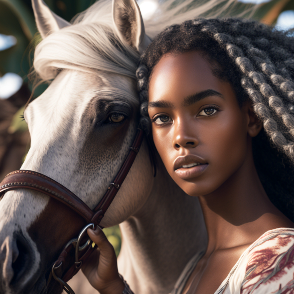 close up realsitic handsome african american Girl with hourse Ai art - The Soulful Artists