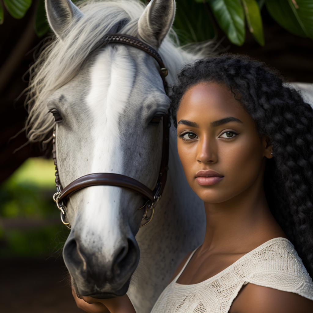 close up realsitic handsome african american Girl with hourse Ai art - The Soulful Artists