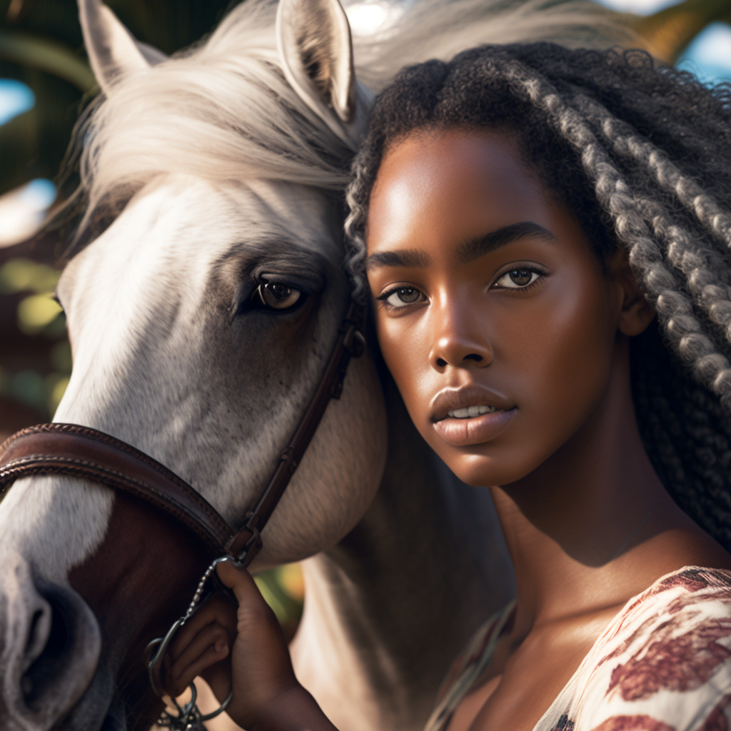 close up realsitic handsome african american Girl with hourse Ai art - The Soulful Artists