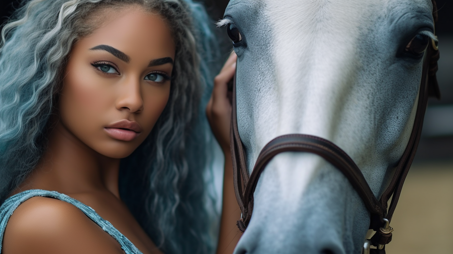 close up realsitic handsome african american Girl with hourse Ai art - The Soulful Artists