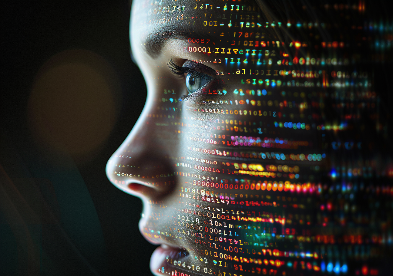 Human face half of the face overlays with digital