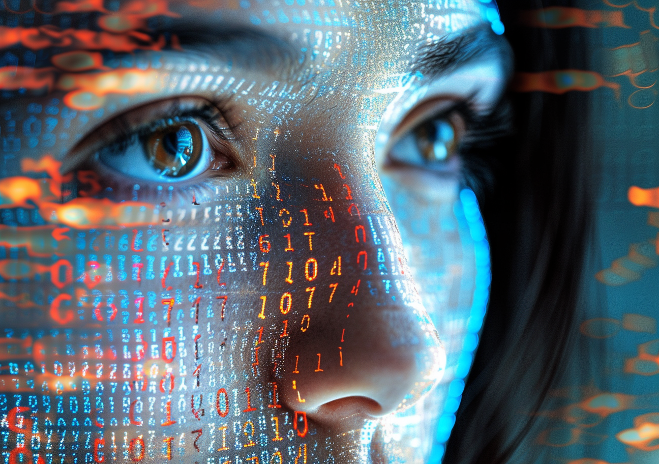 Human face half of the face overlays with digital
