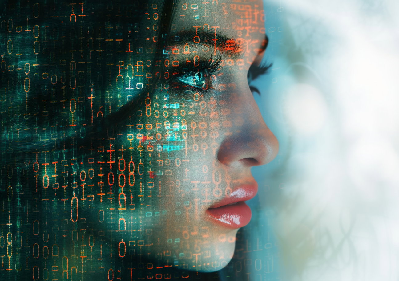 Human face half of the face overlays with digital
