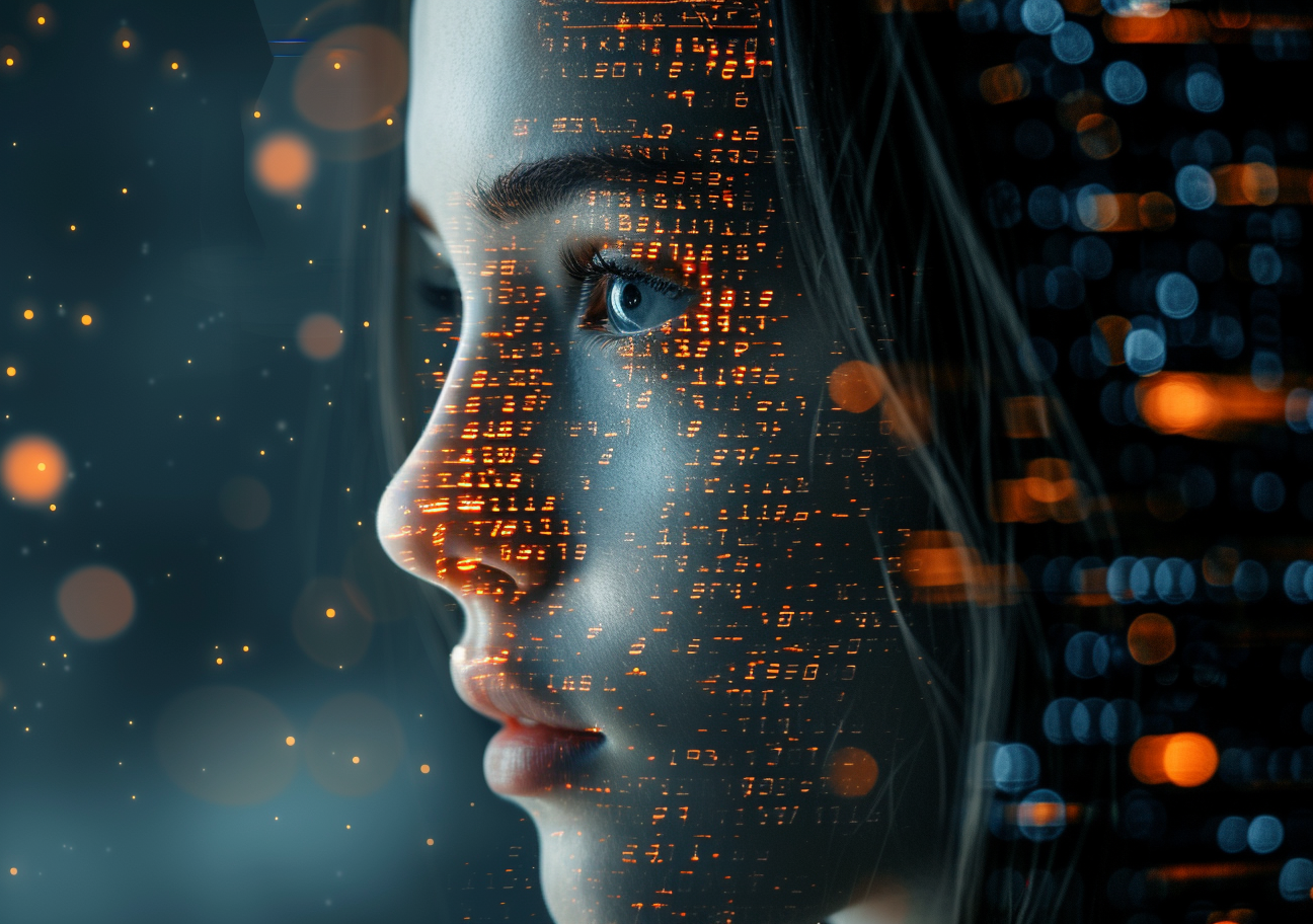 Human face half of the face overlays with digital