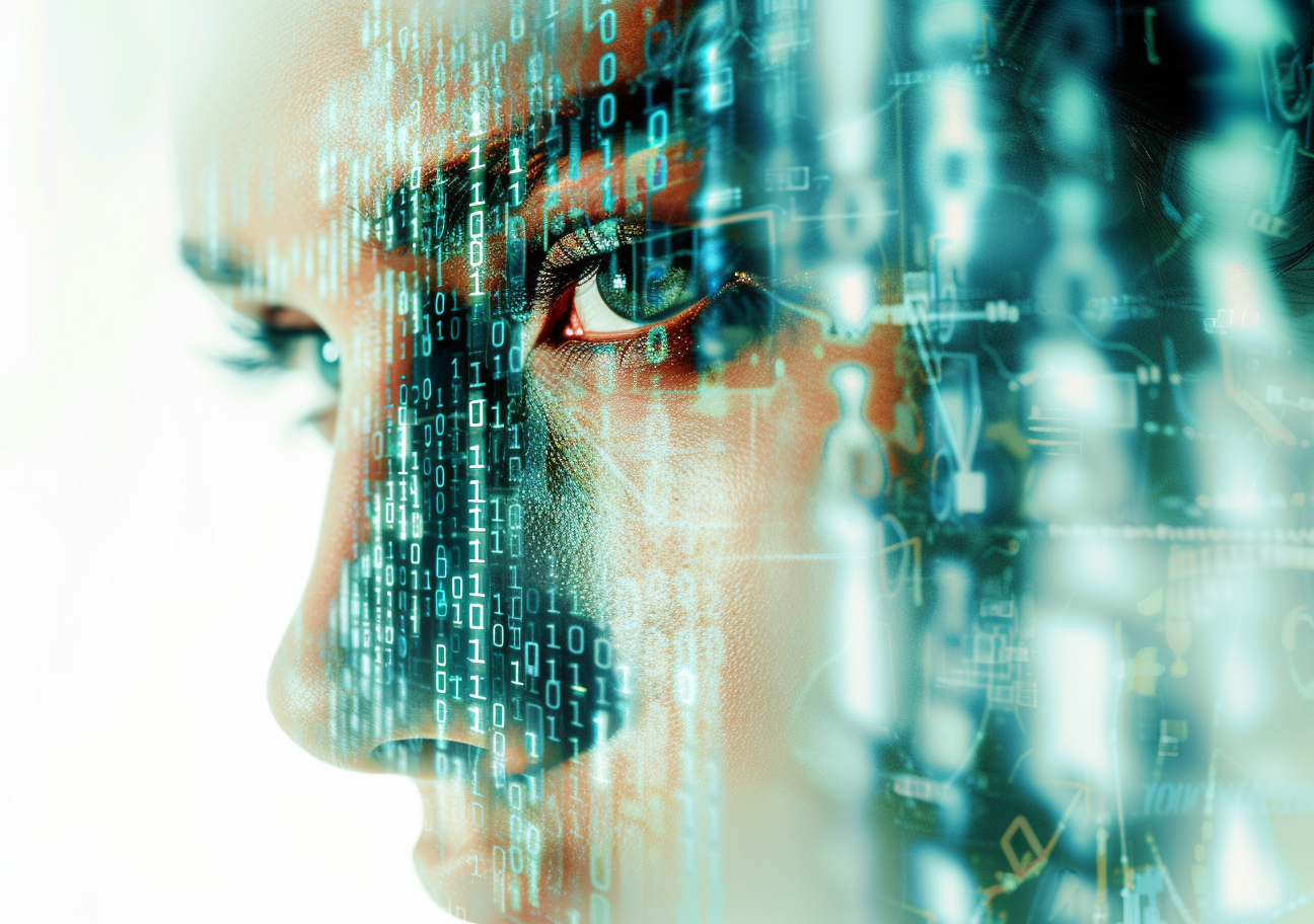 Human face half of the face overlays with digital