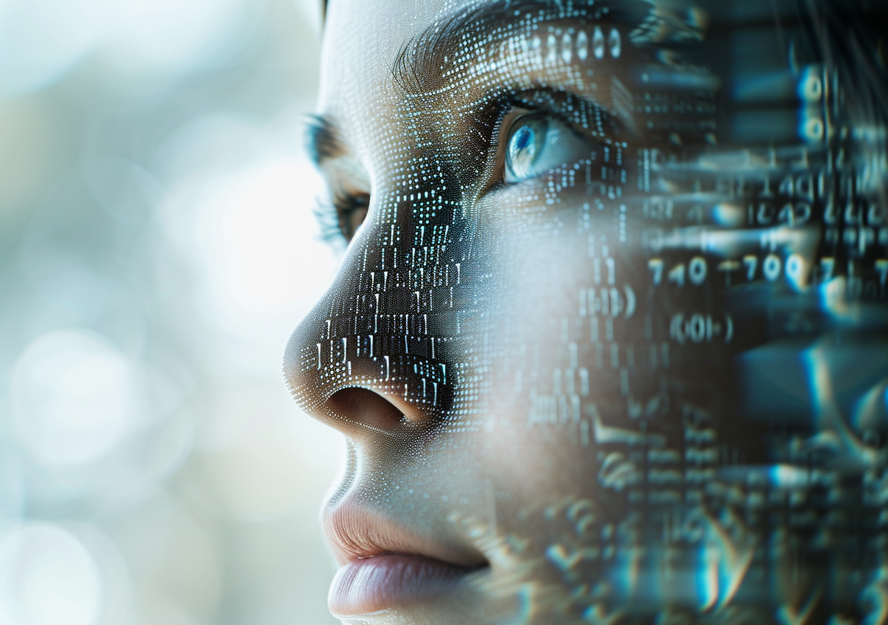Human face half of the face overlays with digital