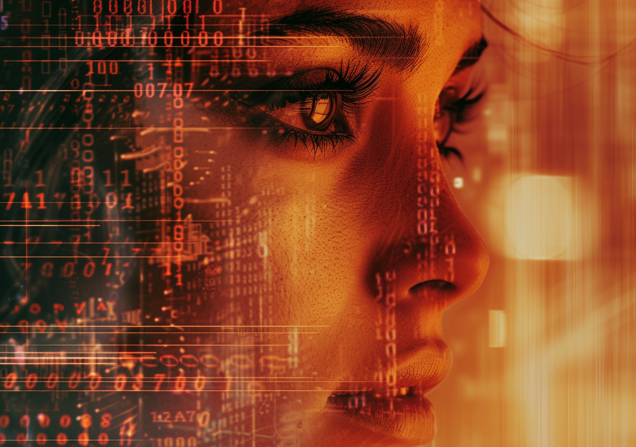 Human face half of the face overlays with digital