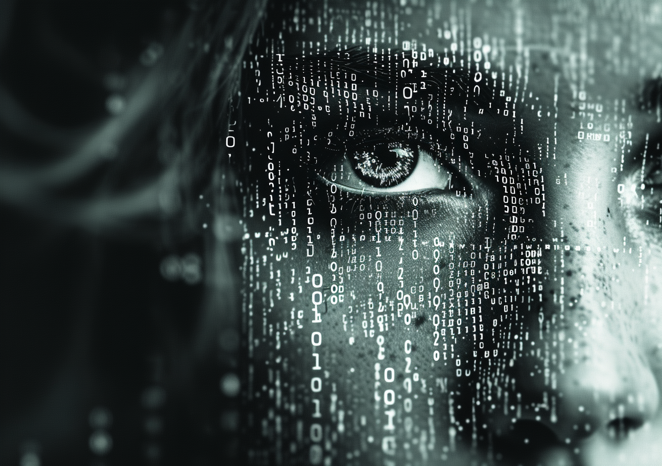 Human face half of the face overlays with digital