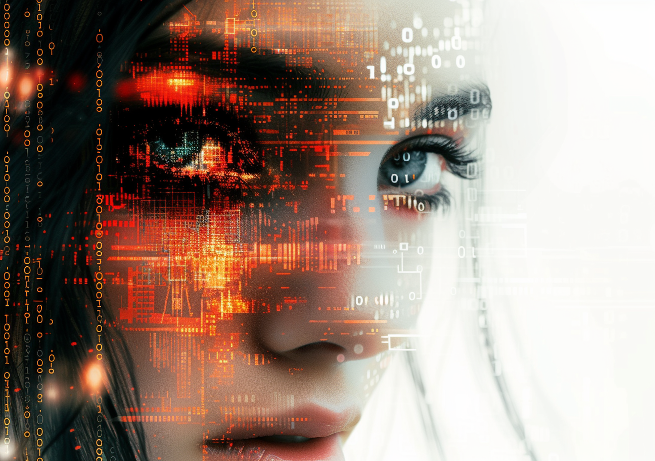 Human face half of the face overlays with digital