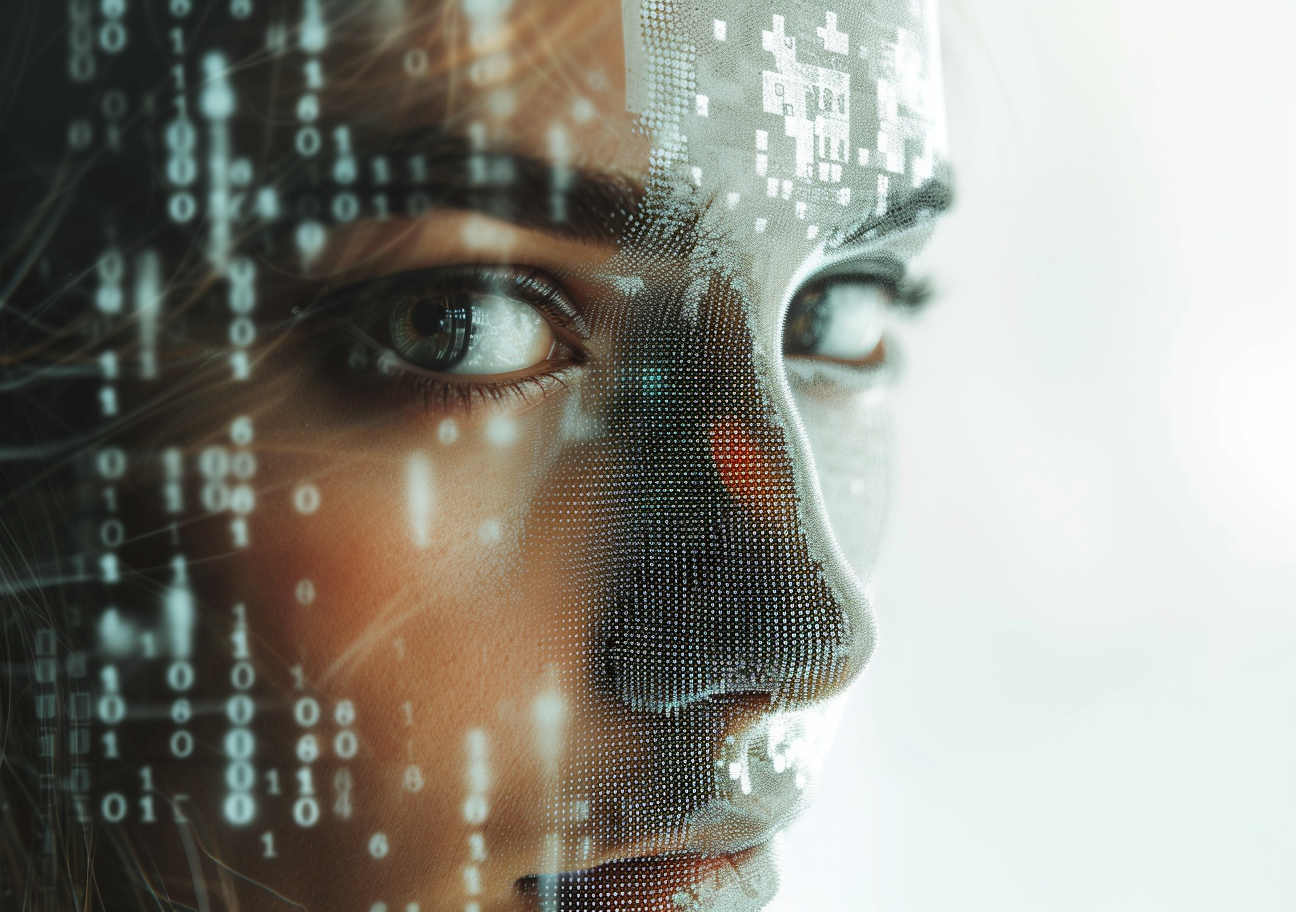 Human face half of the face overlays with digital