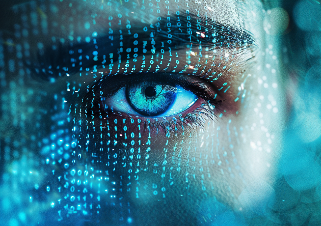 Human face half of the face overlays with digital