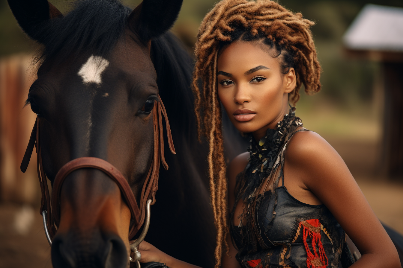 lady sitting on a horse leaning forward colorful