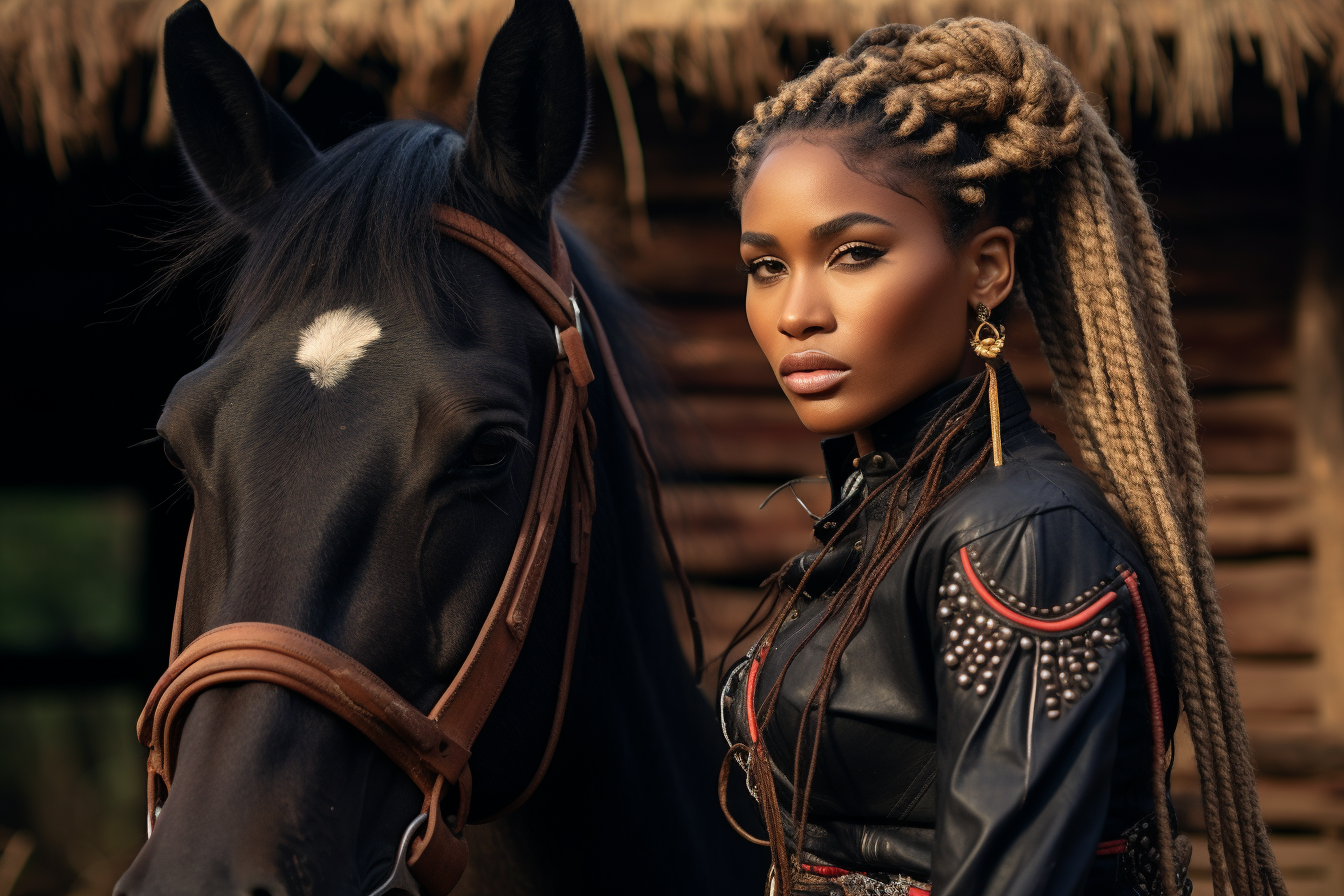 lady sitting on a horse leaning forward colorful