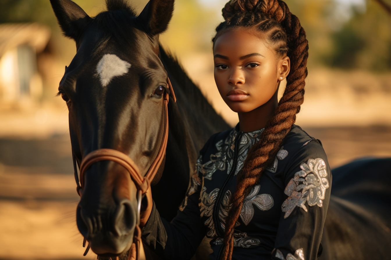 lady sitting on a horse leaning forward colorful