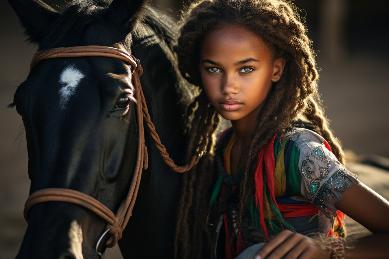 lady sitting on a horse leaning forward colorful