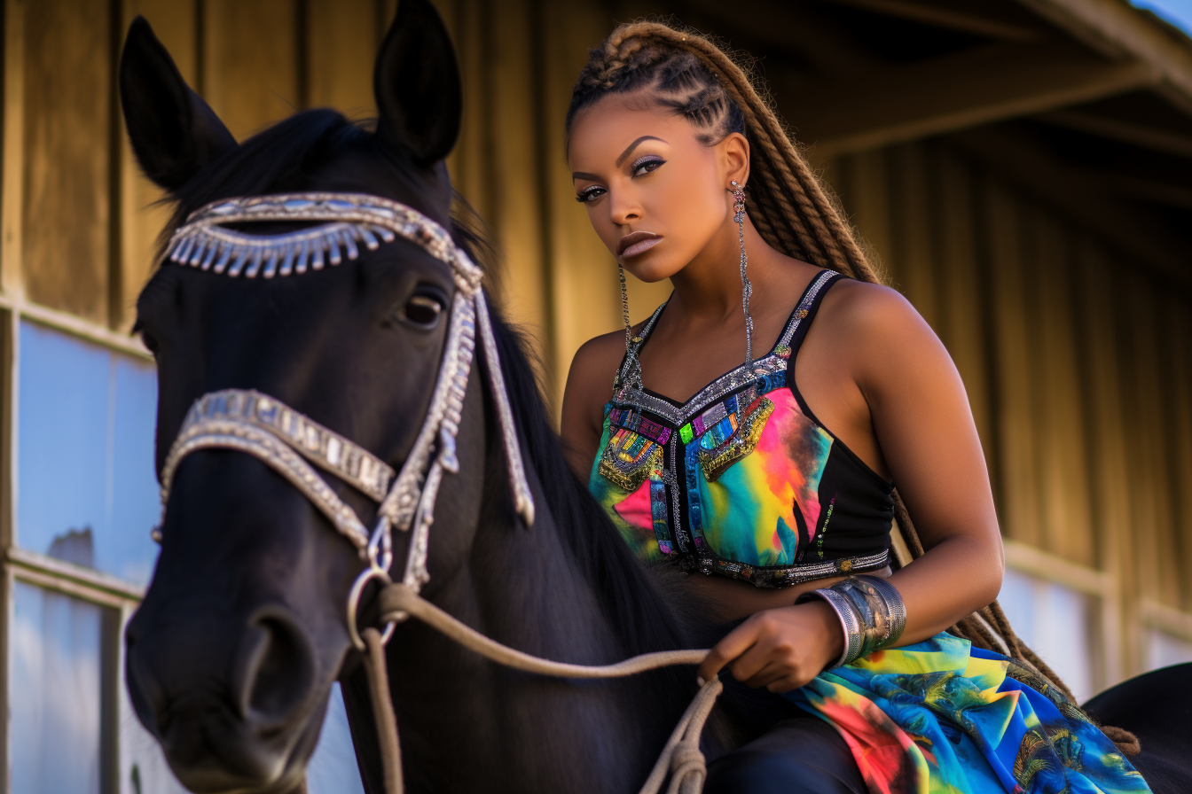 Lady sitting on a horse leaning forward