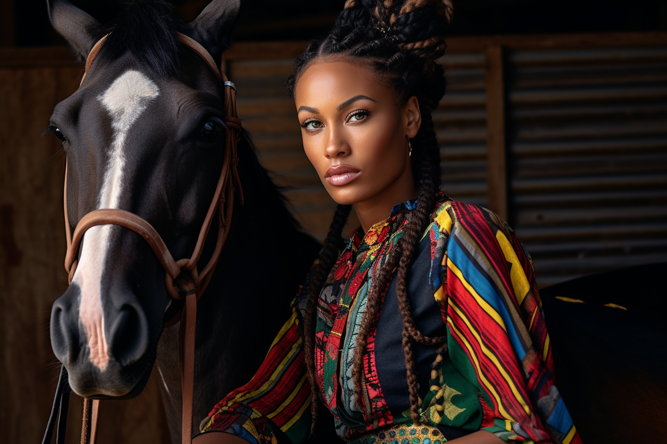Lady sitting on a horse leaning forward