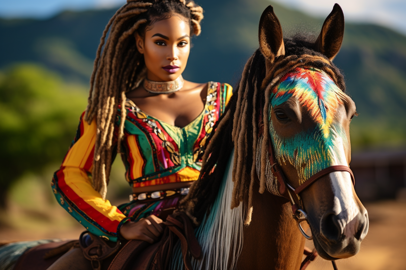 lady sitting on a horse leaning forward colorful