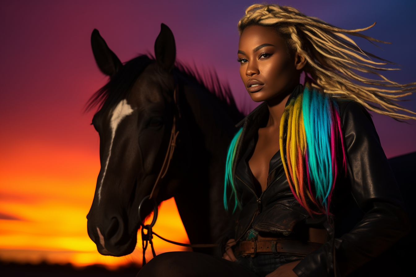neon sunset lady sitting on a horse leaning forward