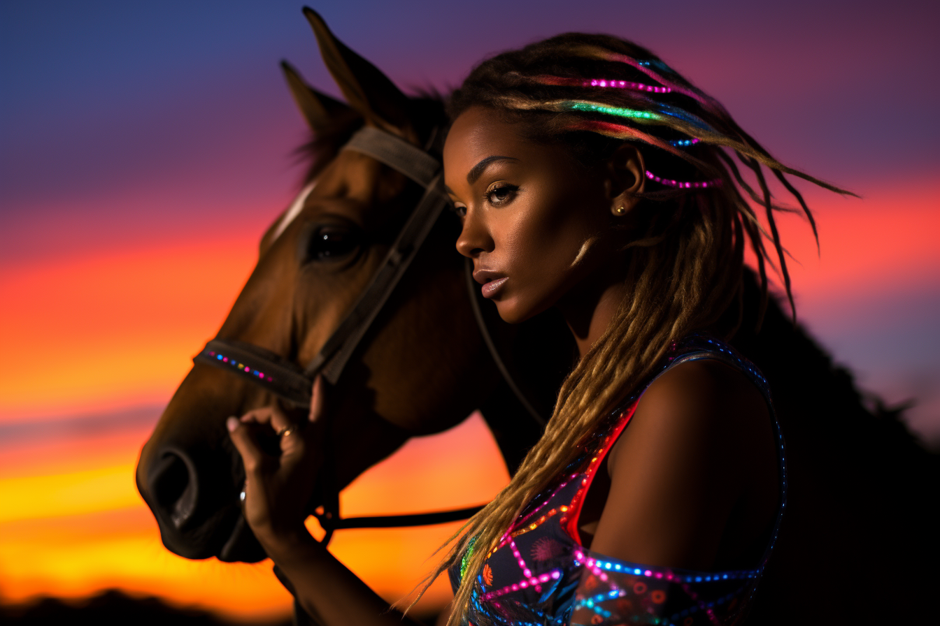 neon sunset lady sitting on a horse leaning forward