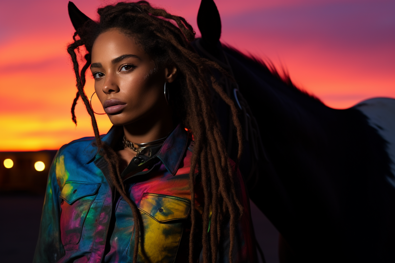neon sunset lady sitting on a horse leaning forward