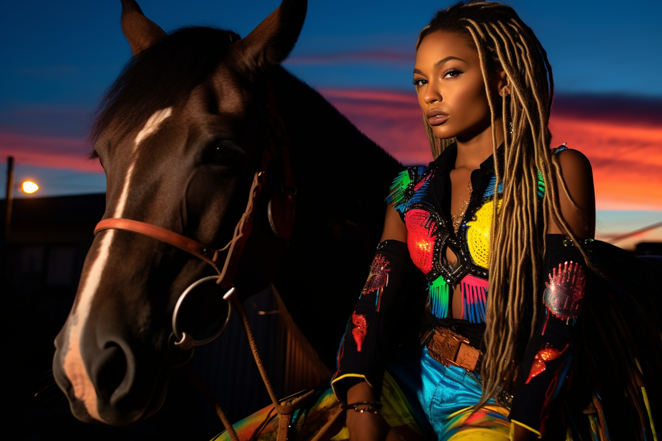 neon sunset lady sitting on a horse leaning forward