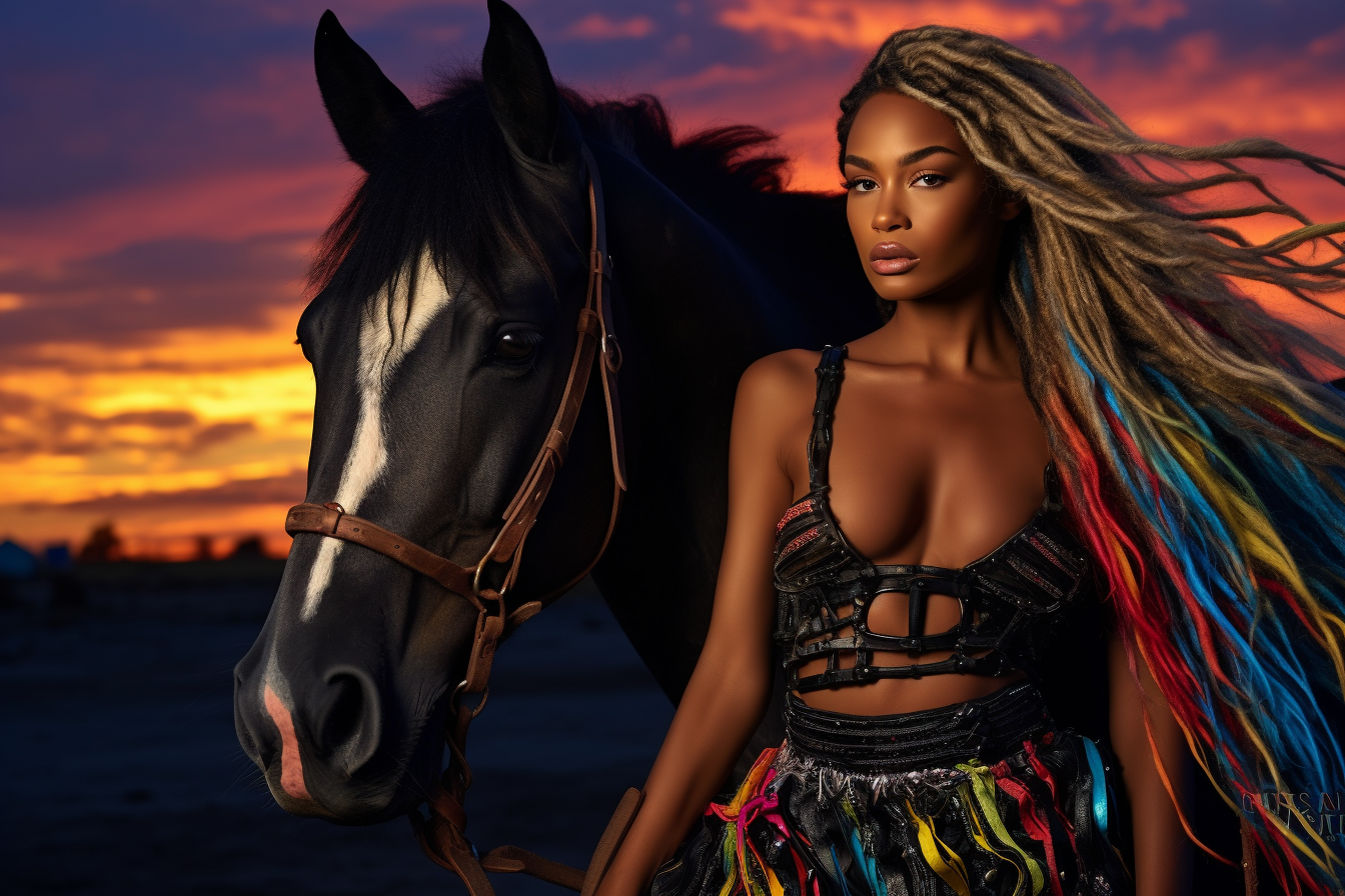 neon sunset lady sitting on a horse leaning forward
