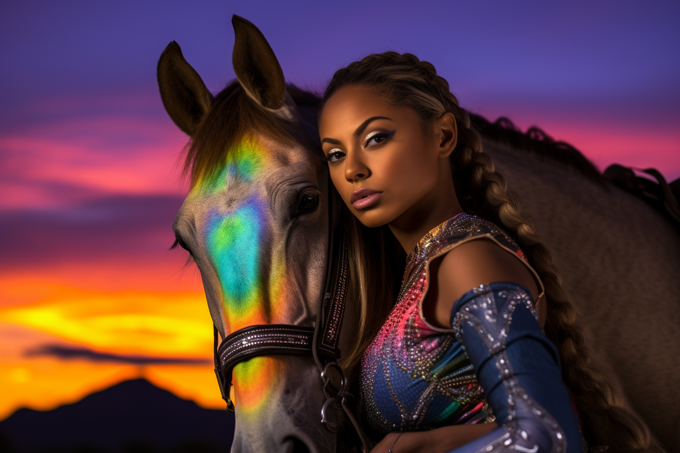neon sunset lady sitting on a horse leaning forward