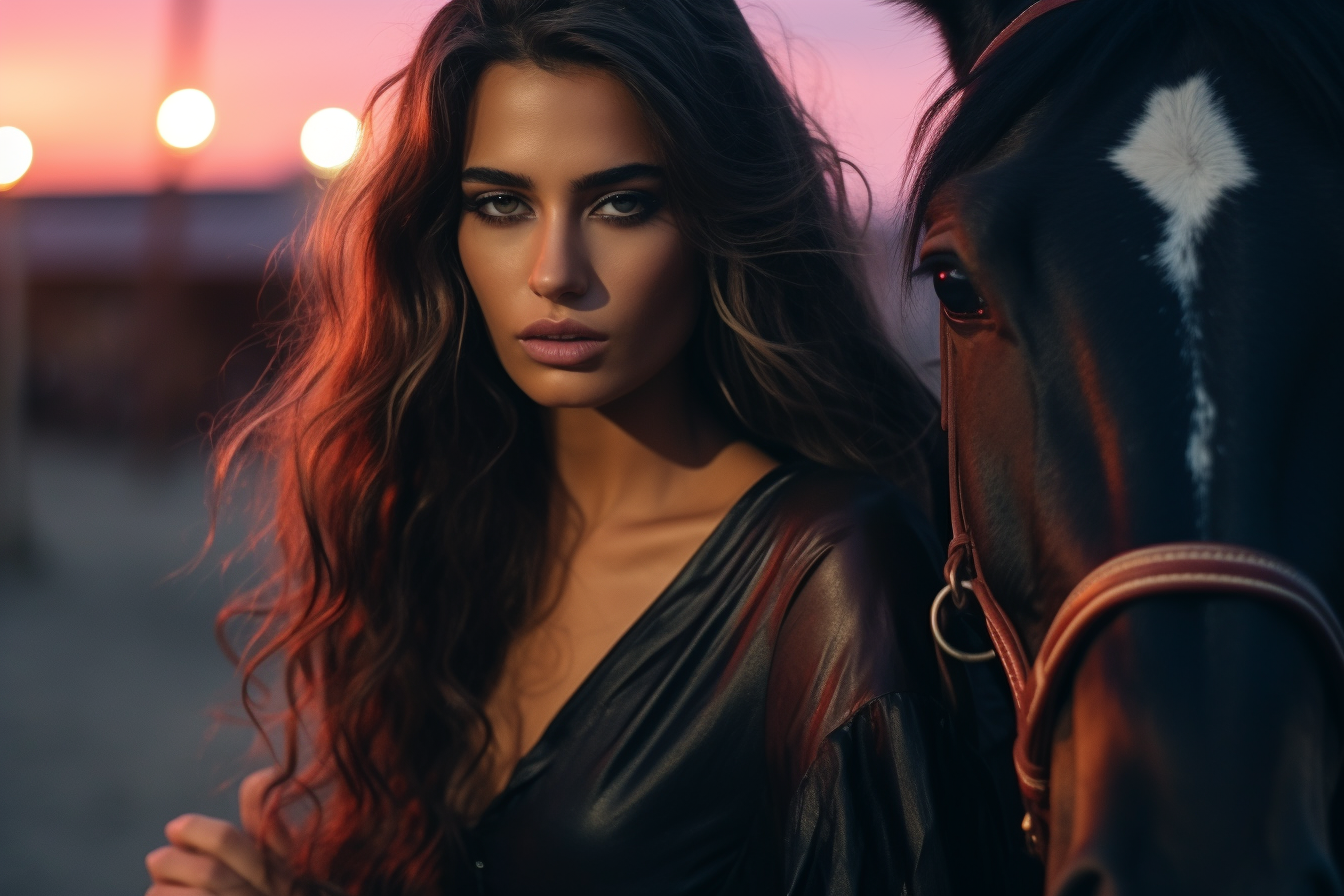 neon sunset lady sitting on a horse leaning forward