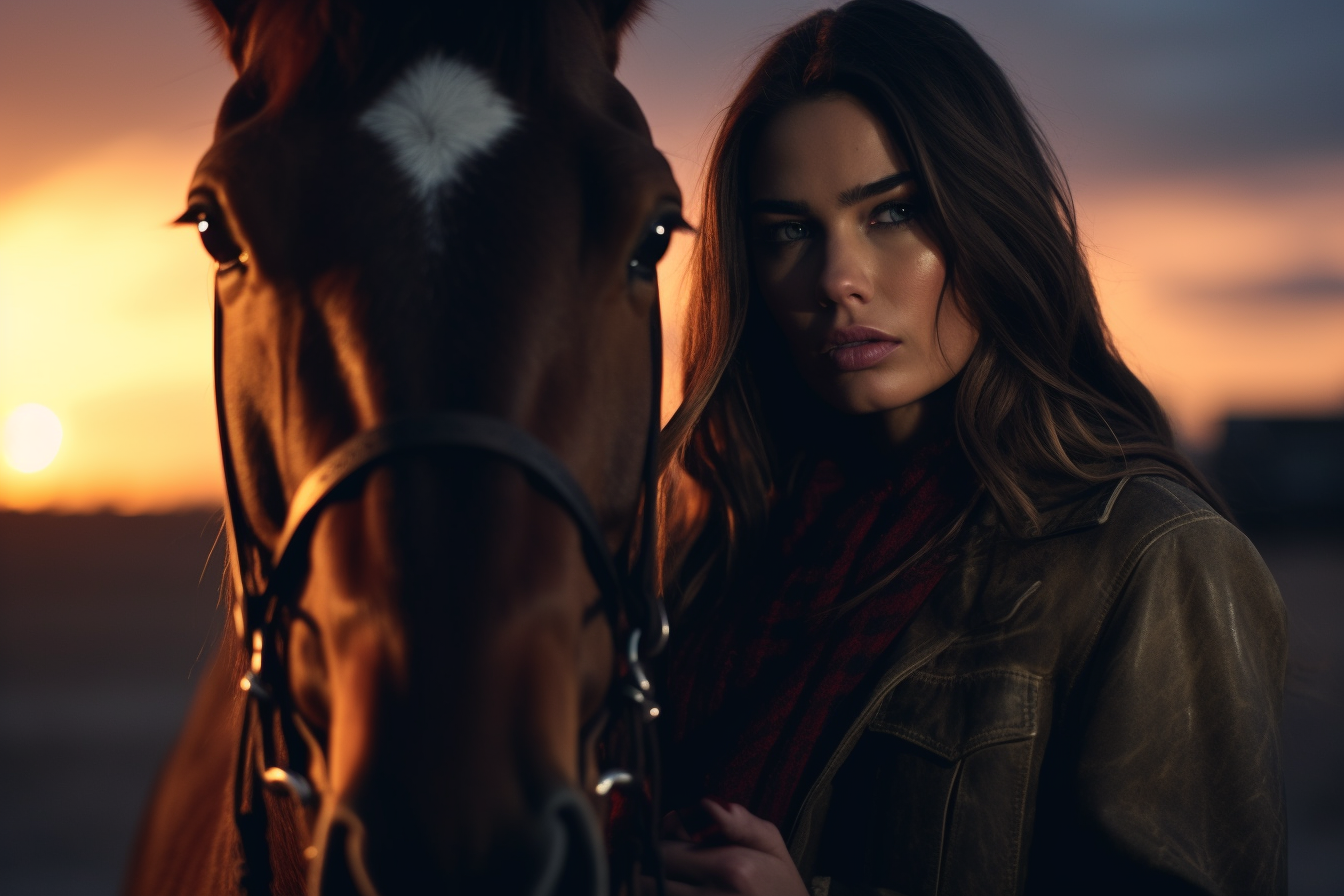 neon sunset lady sitting on a horse leaning forward