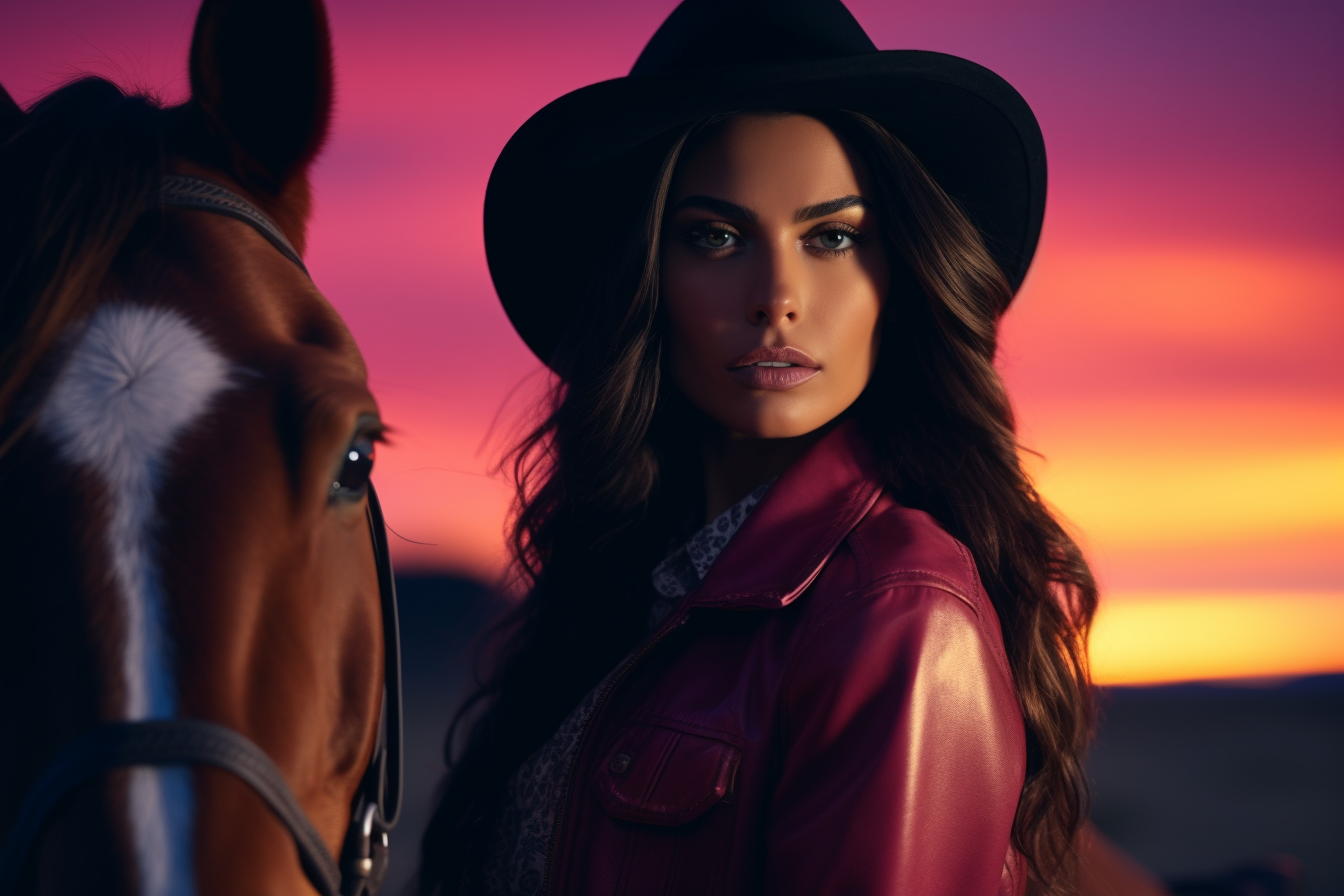 neon sunset lady sitting on a horse leaning forward