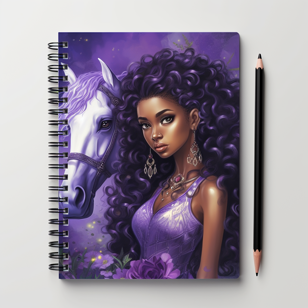 Beautiful black child with her horse purple Horse Art