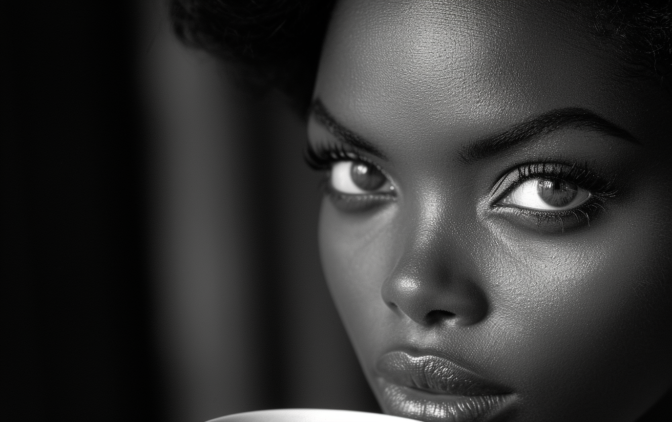 The black and white photo is of a woman