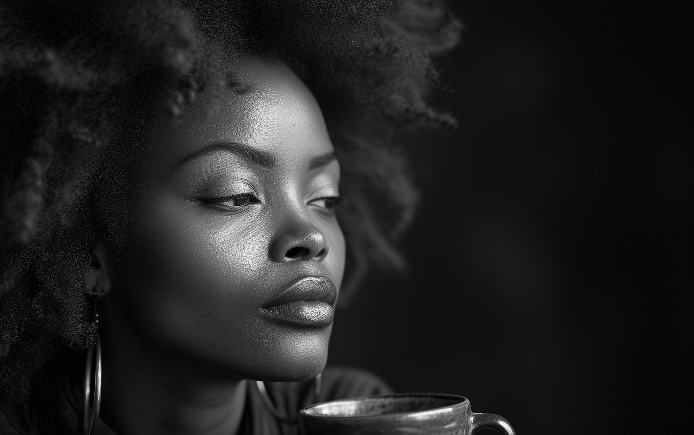 The black and white photo is of a woman