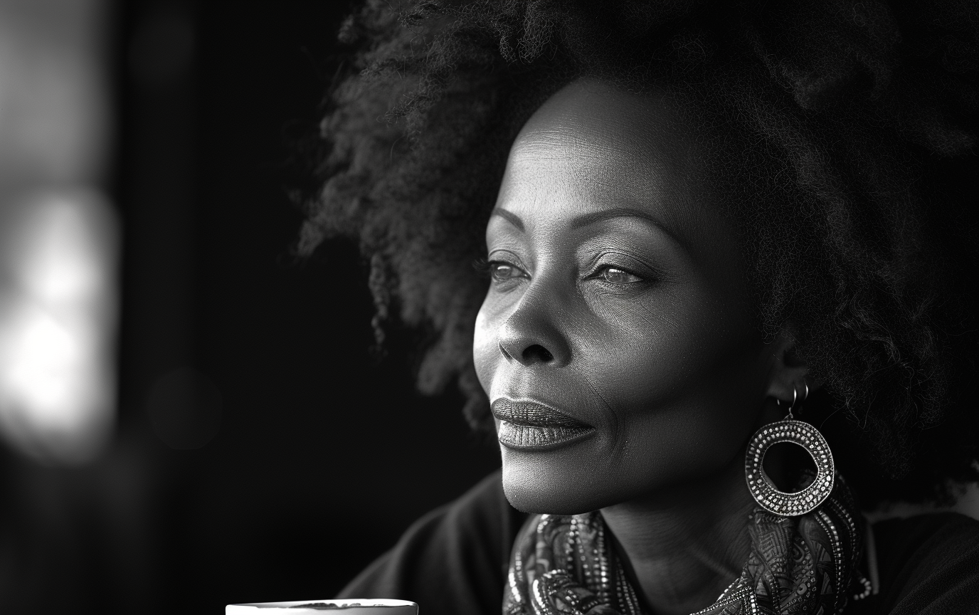 The black and white photo is of a woman